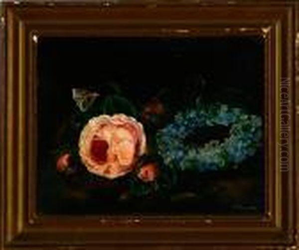 Pink Roses At A Forget-me-not Wreath Oil Painting by I.L. Jensen