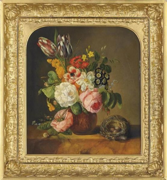 Still Life With Roses And Tulips Oil Painting by Johan Laurentz Jensen