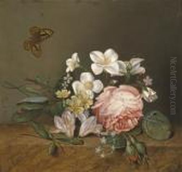 Bouquet Of Roses And Butterfly Oil Painting by Johan Laurentz Jensen