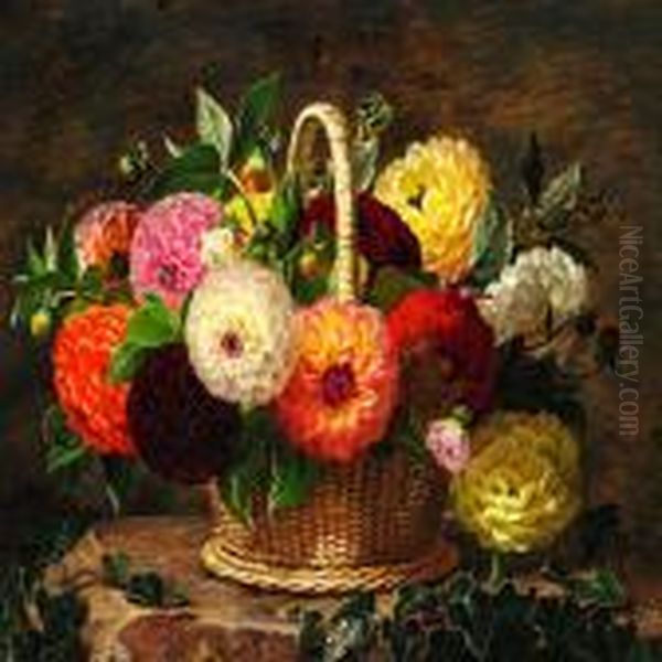 Dahlias In A Basket On A Tree Stump Oil Painting by Johan Laurentz Jensen