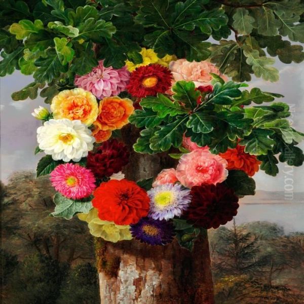 Wreath Of Dahlias On An Oak Oil Painting by Johan Laurentz Jensen