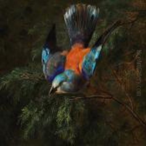 A Jay In A Spruce Oil Painting by Johan Laurentz Jensen