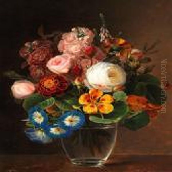 A Bunch Of Colourful Flowers In A Vase Oil Painting by Johan Laurentz Jensen