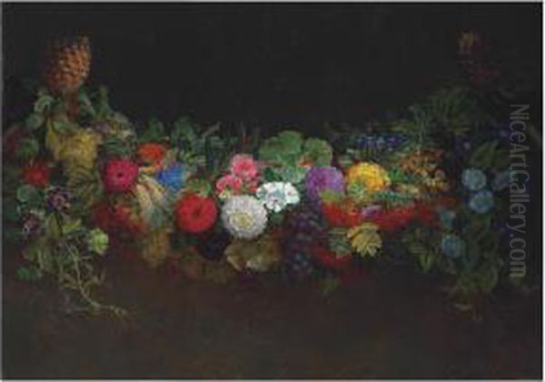 A Magnificent Garland Of Fruit And Flowers Oil Painting by Johan Laurentz Jensen