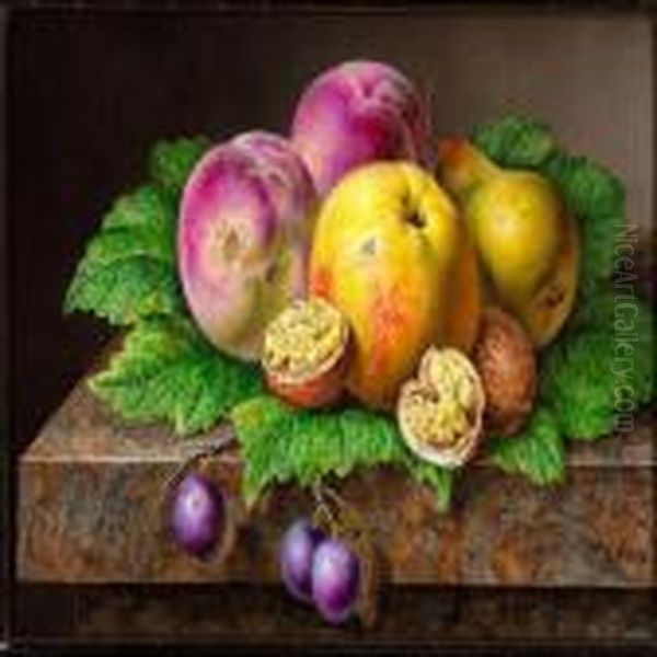 Pear, Apple, Walnuts, Peaches And Grapes On Cabbage Leaves Oil Painting by Johan Laurentz Jensen