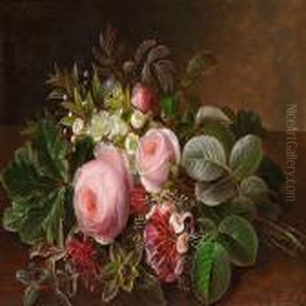 A Bunch Of Roses, Myrtle And Honeysuckle Oil Painting by Johan Laurentz Jensen