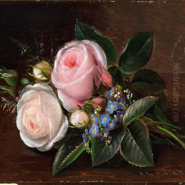 A Bunch Of Roses And Forget-me-nots On A Sill Oil Painting by Johan Laurentz Jensen