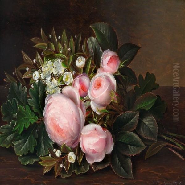 Pink Roses And Myrtle On A Sill Oil Painting by Johan Laurentz Jensen