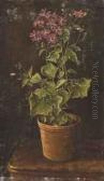 Flowers In A Terracotta Pot On A Wooden Table Oil Painting by Johan Laurentz Jensen