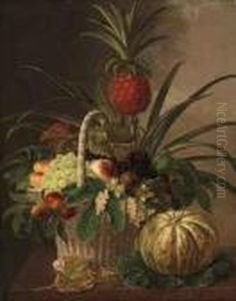 Pineapple, Grapes, Peaches, Nuts, And Berries In A Basket, On Amarble Ledge Oil Painting by Johan Laurentz Jensen