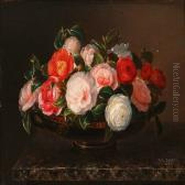 Roses In A Greek Bowlon A Marble Table Oil Painting by Johan Laurentz Jensen