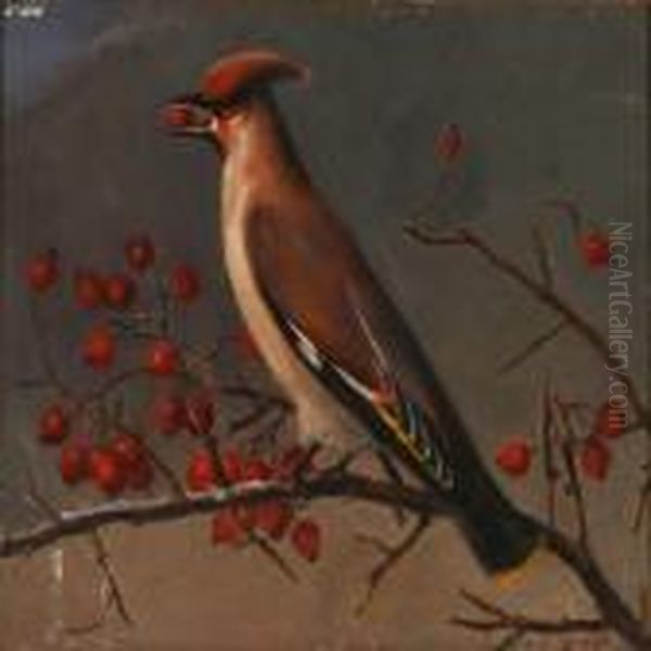 A Silk-tail On Arosehip Branch Oil Painting by Johan Laurentz Jensen