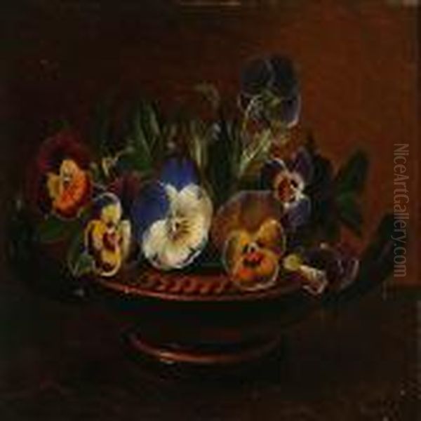 Pansies In A Greek Bowlon A Stone Frame Oil Painting by Johan Laurentz Jensen