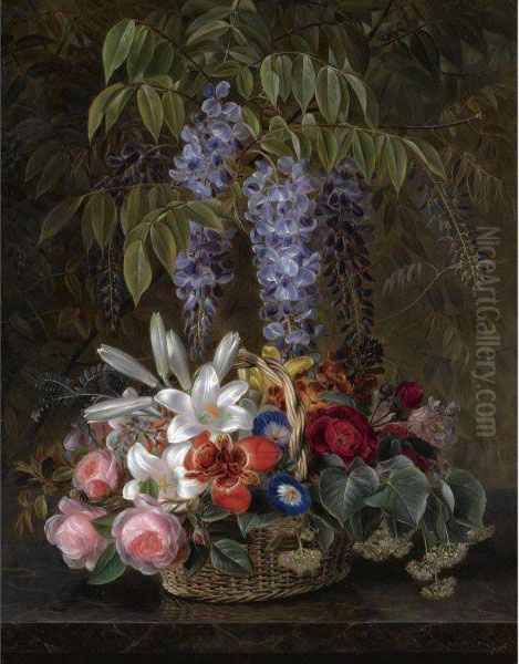 Blaregn Med Roser, Liljer Og 
Sommer Blomster I En Kurv (wisteriawith Roses, Lilies And Summer Flowers
 In A Basket) Oil Painting by Johan Laurentz Jensen