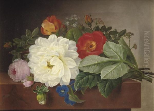 A Bouquet Of Flowers On A Marble Ledge Oil Painting by Johan Laurentz Jensen