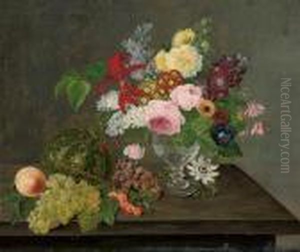 Roses, Amarylis, Polyanthers, Chrysanthemums Oil Painting by Johan Laurentz Jensen