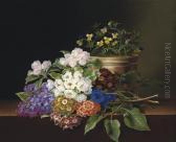 Lilac, Apple Blossom, Cornflowers And Sweet Williams With A Pot Of Violas On A Ledge Oil Painting by Johan Laurentz Jensen