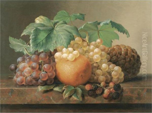 Stilleben Med Vindruer, Brombaer,
 Appelsin Og Ananas (a Still Life Of Grapes, Blackberries, An Orange And
 A Pineapple) Oil Painting by Johan Laurentz Jensen