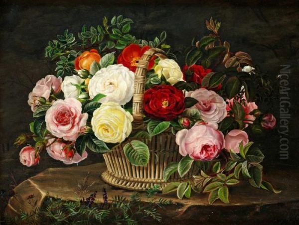 Stilleben Med Rosor I Korg Oil Painting by Johan Laurentz Jensen