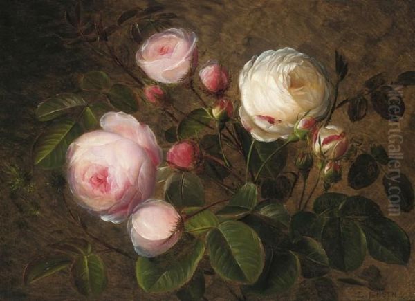 White And Pink Roses Oil Painting by Johan Laurentz Jensen