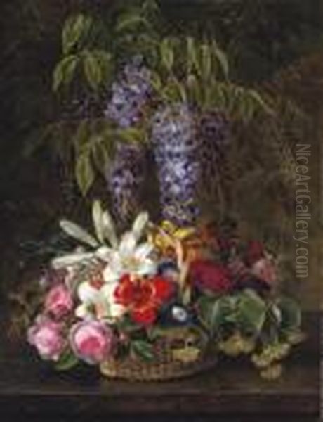 Wisteria With Roses, Lilies, And Summer Flowers In A Basket Oil Painting by Johan Laurentz Jensen