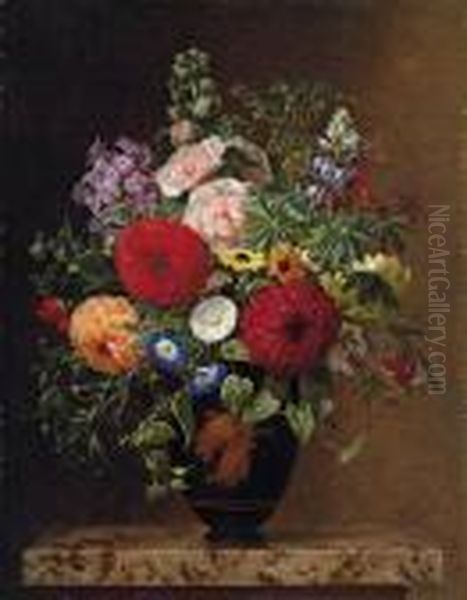 Convulvulus, Dahlias, Lupins And Stocks In A Greek Vase Oil Painting by Johan Laurentz Jensen