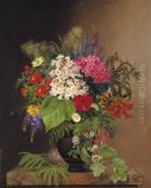 Convulvulus, Lupins, Speedwell And Fuschia In A Vase Oil Painting by Johan Laurentz Jensen