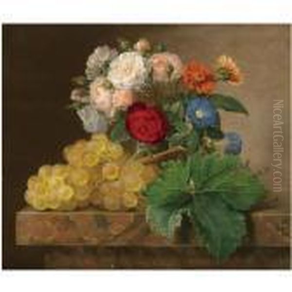 Stilleben Med Blomster Og Druer (still Life Of Flowers Andgrapes) Oil Painting by Johan Laurentz Jensen