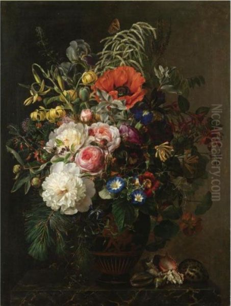 Stilleben Med Blomster I Graesk Vase (still Life With Flowers In Agreek Vase) Oil Painting by Johan Laurentz Jensen