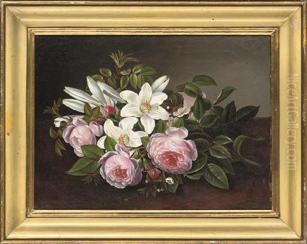 A Bouquet Of Pink Roses And White Lilies Oil Painting by Johan Laurentz Jensen