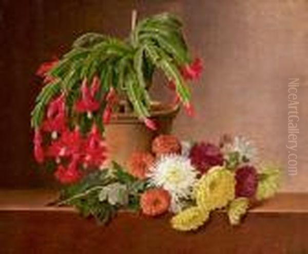 Still Life, Flowers And A Potted Plant On A Stone Top. Signed I. L. Jensen 1831 Oil Painting by Johan Laurentz Jensen