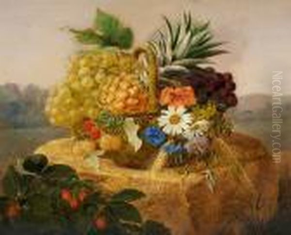 A Basket With Grapes, Pineapple And Wild Flowers On A Stone Oil Painting by Johan Laurentz Jensen