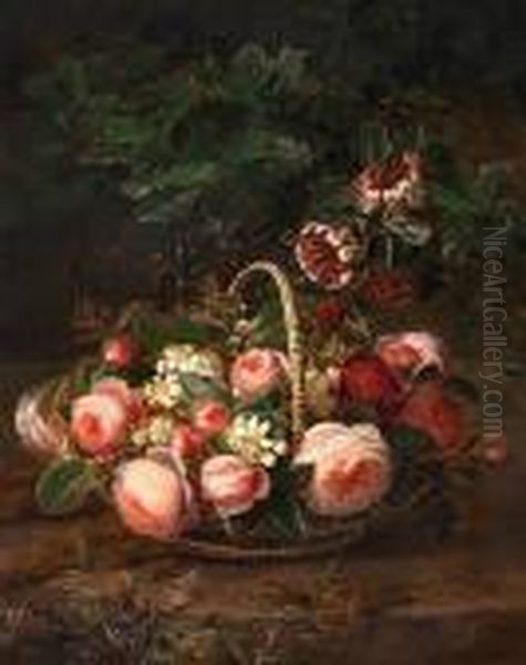 Still Life With Roses, Honeysuckle And Jasmine Oil Painting by Johan Laurentz Jensen