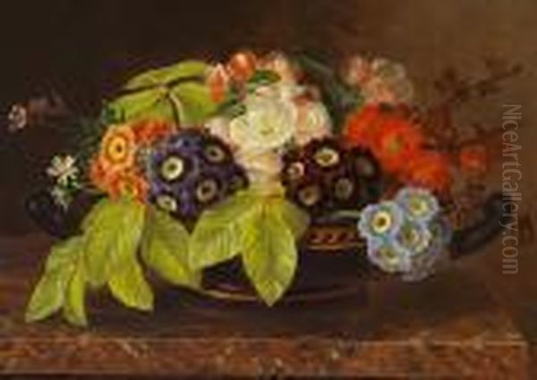 Primula And Fresh Beech Twigs In A Greek Bowl Oil Painting by Johan Laurentz Jensen