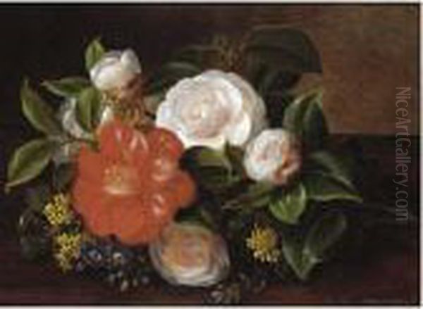 Still Life Of Camellia And Roses; Still Life Of Anemones Oil Painting by Johan Laurentz Jensen