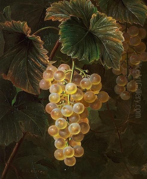 A Cluster Of Green Grapes Oil Painting by Johan Laurentz Jensen