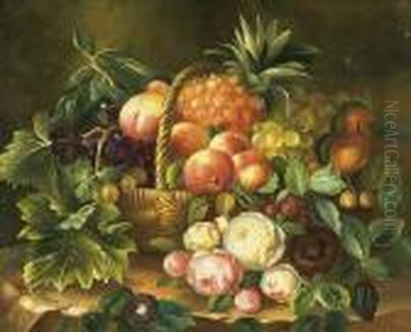 Uppiges Fruchte- Und 
Blumenstillleben In Einem Weidenkorb Mit Pfirsichen, Trauben, Ananas, 
Erdbeeren Und Rosen. Oil Painting by Johan Laurentz Jensen