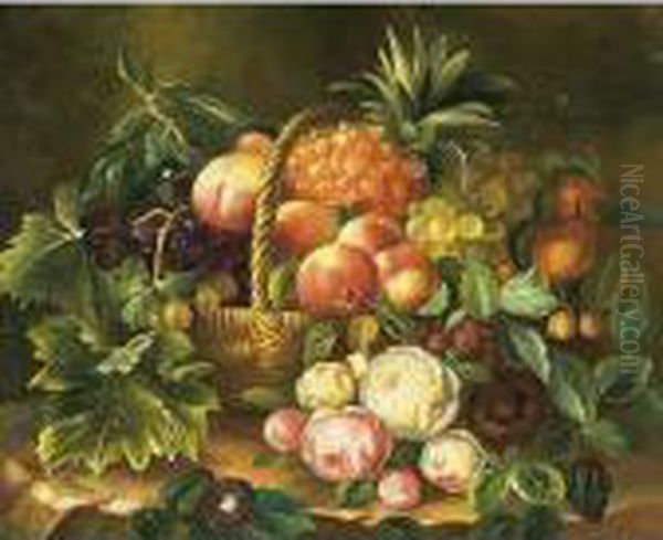 Uppiges Fruchte- Und 
Blumenstillleben In Einem Weidenkorbmit Pfirsichen, Trauben, Ananas, 
Erdbeeren Und Rosen Oil Painting by Johan Laurentz Jensen