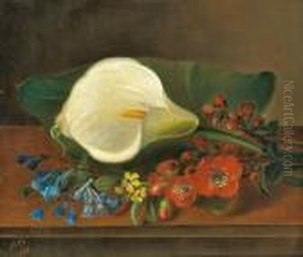 Calla Lillies And Primroses Oil Painting by Johan Laurentz Jensen