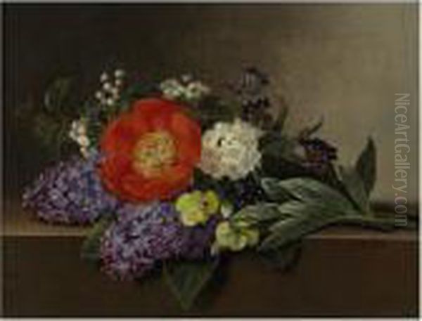 Lilacs, Violets, Pansies, Hawthorn Cuttings, And Peonies On A Marble Ledge Oil Painting by Johan Laurentz Jensen