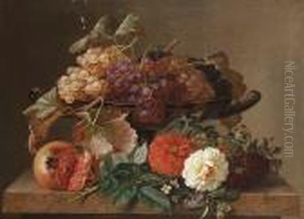 Still Life With A Tazza Of 
Grapes, Pomegranate, Pansies, Chrysanthemums, Forget-me-nots And Other 
Flowers On A Marble Ledge Oil Painting by Johan Laurentz Jensen