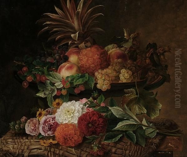 Impressive Still Life Of A 
Pineapple, Other Fruits And Flowers Displayed On A Woven Cloth On A 
Ledge Oil Painting by Johan Laurentz Jensen