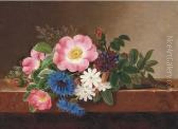 Summer Flowers On A Marble Ledge Oil Painting by Johan Laurentz Jensen