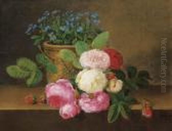 Potted Forget-me-nots, With Red, Pink And White Roses On A Ledge Oil Painting by Johan Laurentz Jensen