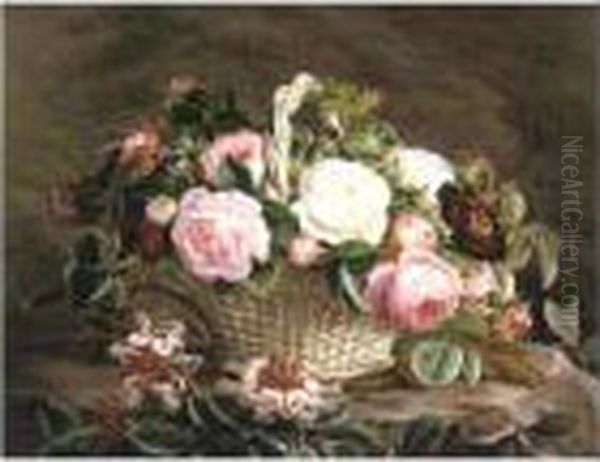 A Basket Of Pink And White And Red Roses With Honeysuckle Oil Painting by Johan Laurentz Jensen