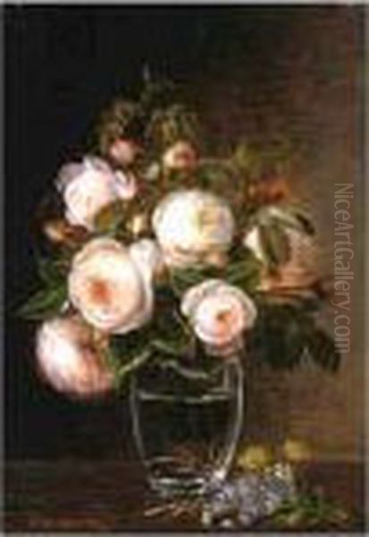 Roses In A Glass Vase With 
Yellow Buttercups, Forget-me-nots And Chickweed On A Marble Ledge Oil Painting by Johan Laurentz Jensen