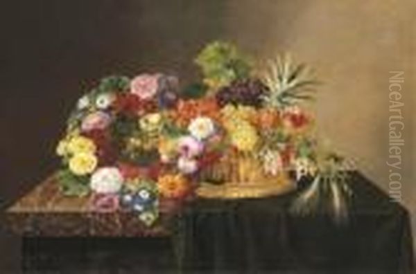 A Wreath Of Roses, Lilies And Peonies And Other Flowers Oil Painting by Johan Laurentz Jensen