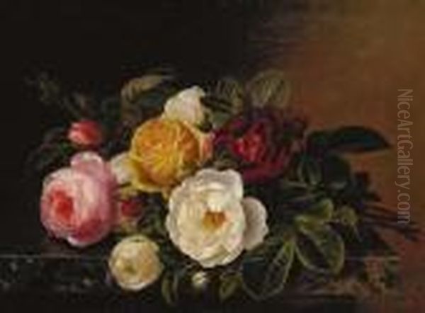 Yellow, Red, Pink And White Roses On A Marble Ledge Oil Painting by Johan Laurentz Jensen