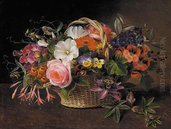 Pansies, Fuschias, Convolvulus, And A Rose And Other Flowers In A Wicker Basket Oil Painting by Johan Laurentz Jensen