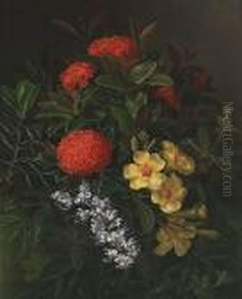 Allemanda, Ixora And Orchids Oil Painting by Johan Laurentz Jensen